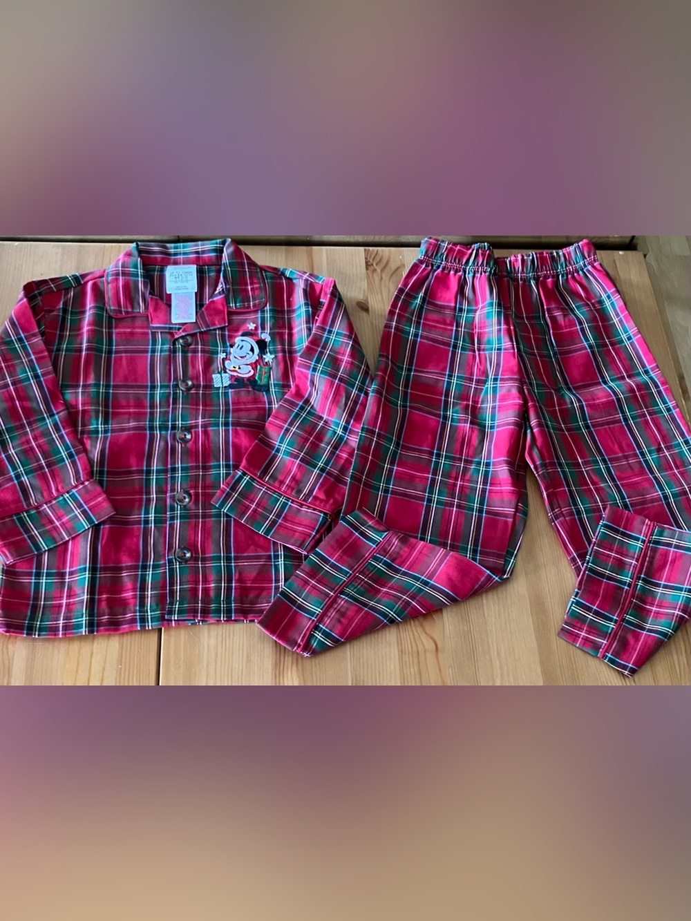 NWOT Disney Kids Red Plaid Pajama Set with Santa Mickey Mouse Embroidery Size 4T